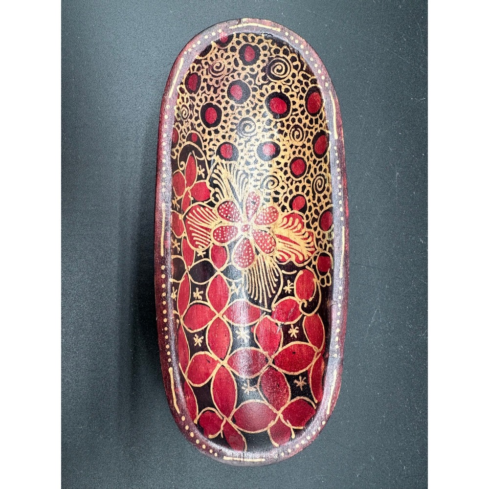 Hand Painted Floral Wooden Trinket Dish Red Black Gold Boho Oval Decorative Tray